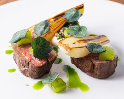 Herdwick Lamb Rump, Sheeps Milk Ricotta, Wild Garlic, Grelot Onion, Smoked Anchovy & Pickle Cucumber