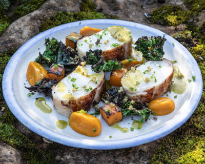 Halibut Wrapped in Chicken Skin, Squash, Kale & Douglas Fir Salad