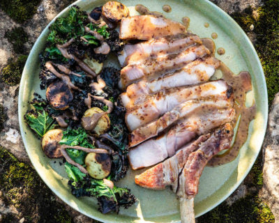 Pork Tomahawk, Potato, Kale & Pickled Walnut Salad