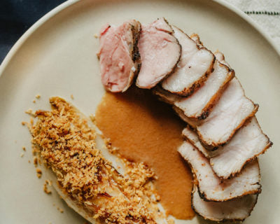 Pork Rib Eye, Smoked Chicory & Quince